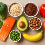 Uma seleção de alimentos saudáveis e nutritivos, incluindo salmão, brócolis, espinafre, arroz integral, quinoa, pimentão, abacate, amêndoas, ervilhas, banana e maçã, representando uma dieta equilibrada.