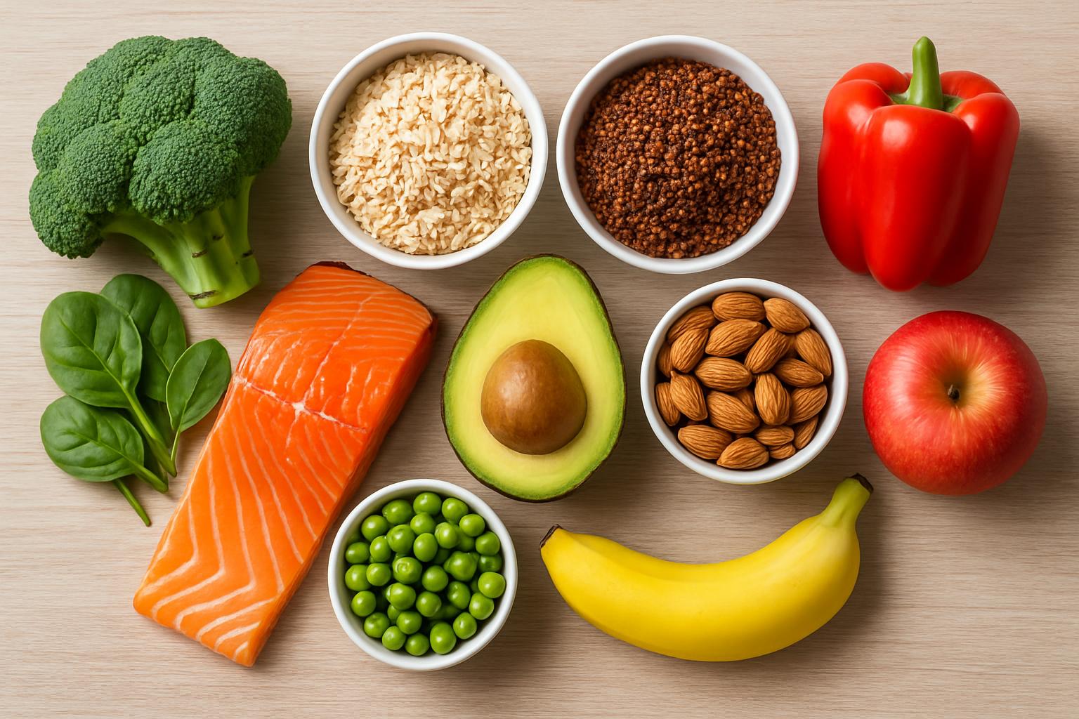 Uma seleção de alimentos saudáveis e nutritivos, incluindo salmão, brócolis, espinafre, arroz integral, quinoa, pimentão, abacate, amêndoas, ervilhas, banana e maçã, representando uma dieta equilibrada.