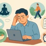 lustração de um homem com a mão na cabeça, parecendo sobrecarregado, em frente a um laptop, cercado por símbolos de autocuidado como meditação, caminhada, lista de tarefas, alimentação saudável e tempo para descanso.