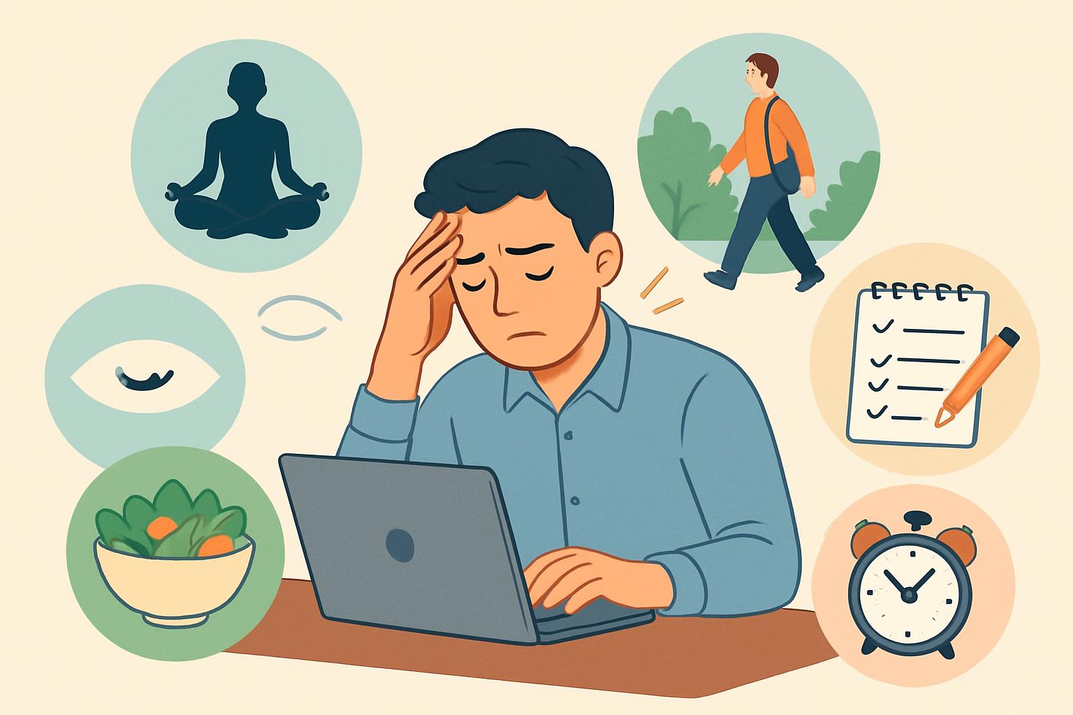lustração de um homem com a mão na cabeça, parecendo sobrecarregado, em frente a um laptop, cercado por símbolos de autocuidado como meditação, caminhada, lista de tarefas, alimentação saudável e tempo para descanso.