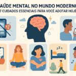 Dicas para saúde mental: infográfico com ícones de desconexão digital, meditação, sono, conexão social, organização e música.