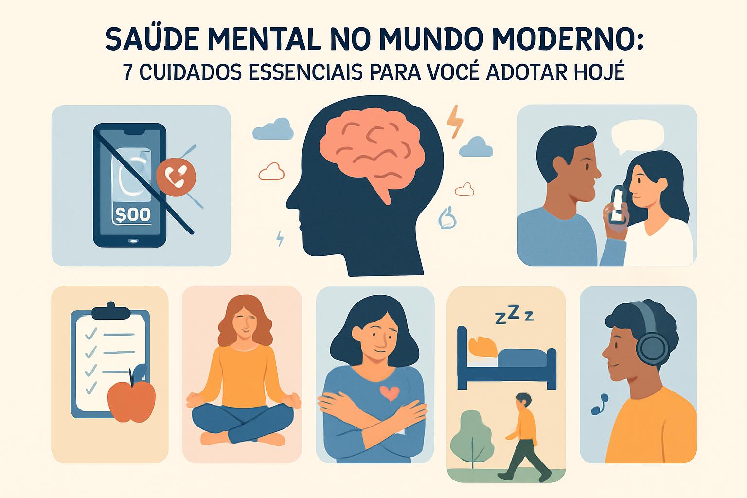 Dicas para saúde mental: infográfico com ícones de desconexão digital, meditação, sono, conexão social, organização e música.