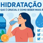Ilustração sobre hidratação, com uma mulher bebendo água, uma garrafa, uma laranja e uma lista de verificação.