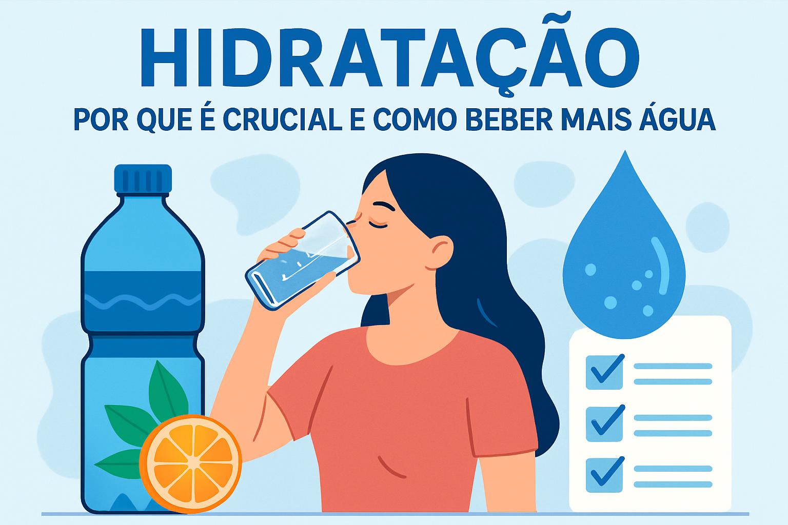Ilustração sobre hidratação, com uma mulher bebendo água, uma garrafa, uma laranja e uma lista de verificação.